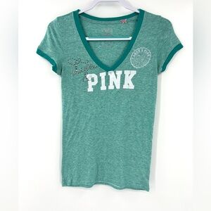 PINK Victoria's Secret Green V-Neck Tee Collegiate Y2K